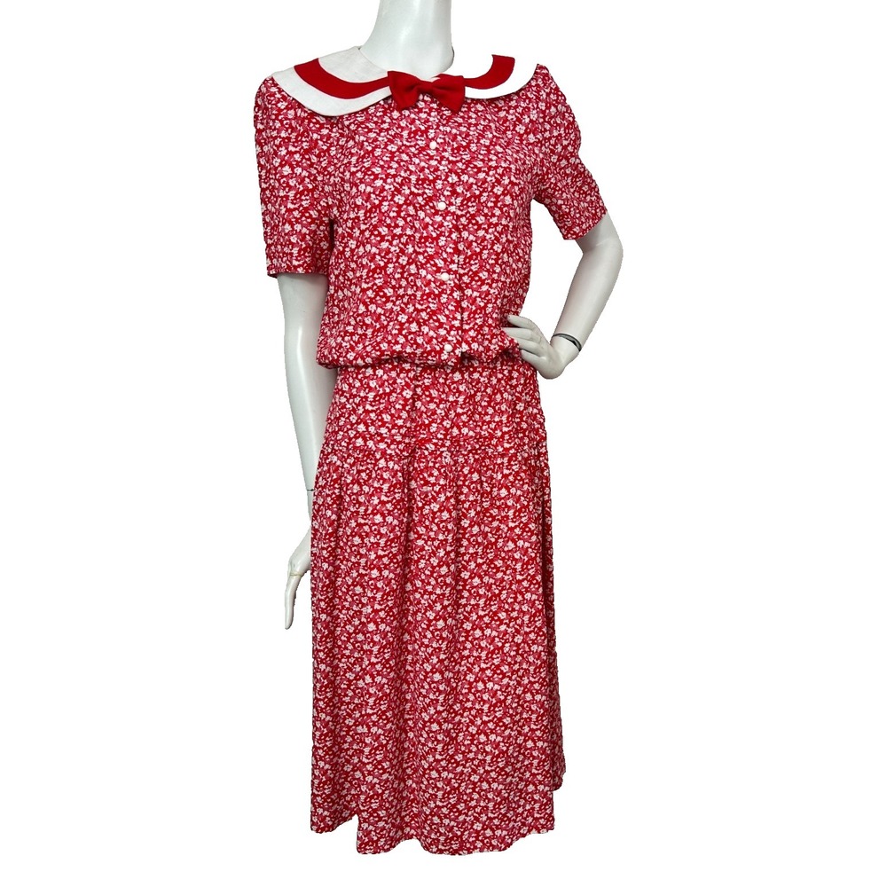 Vintage Patty ONeil Cottagecore Midi Dress M Red Floral Bow Peter Pan Collar EUC - Picture 14 of 14